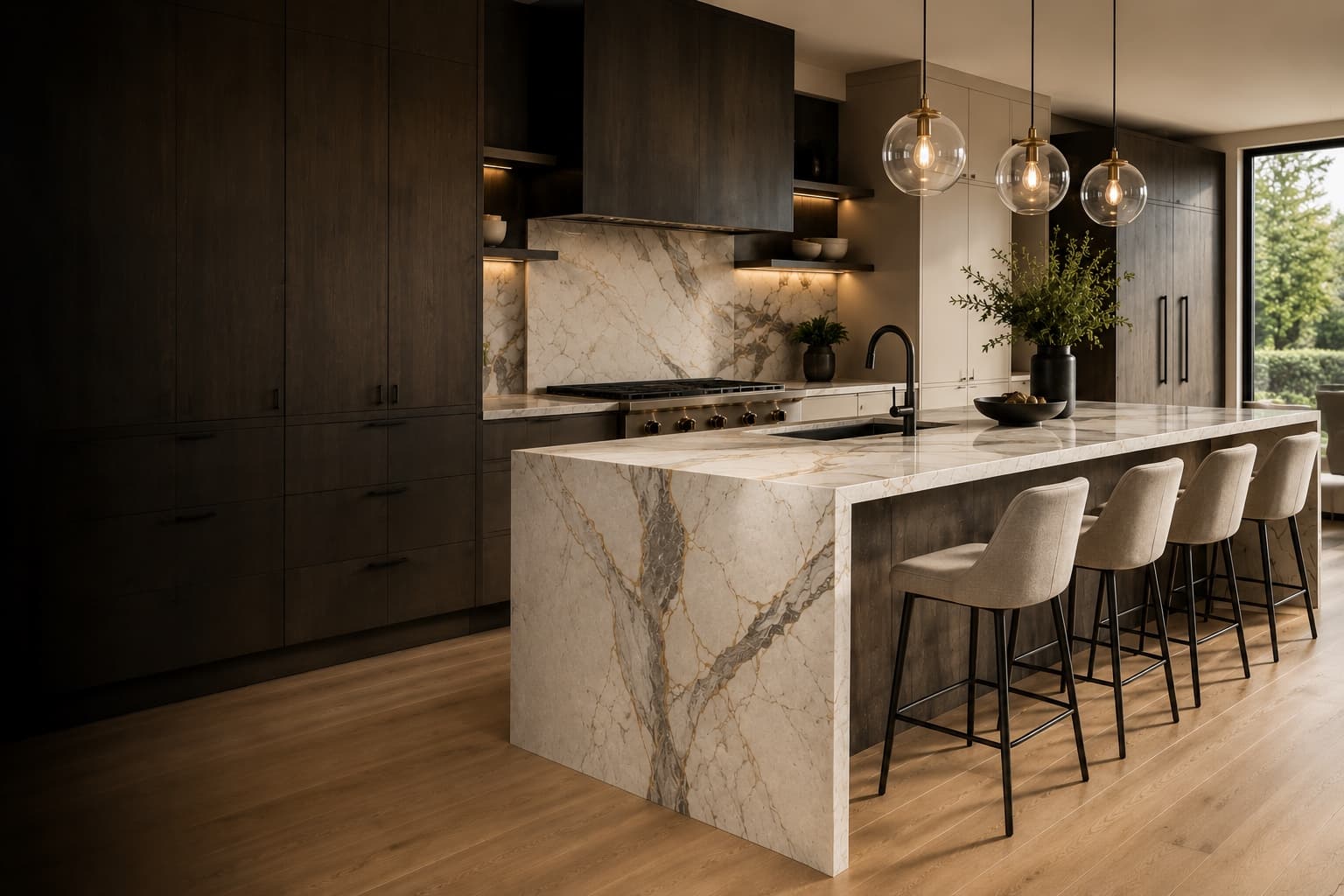 Luxury kitchen featuring a custom fabricated stone island